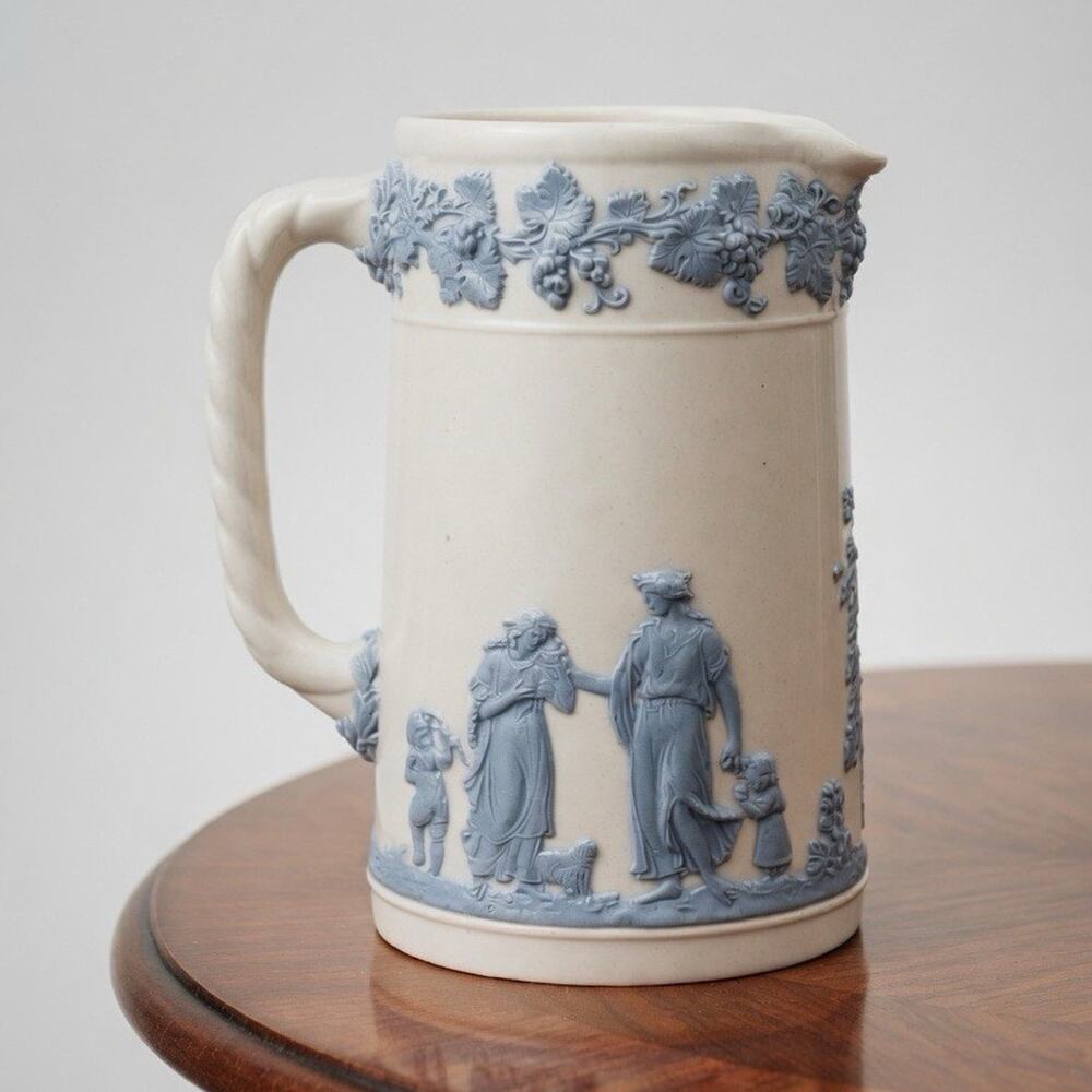 Wedgwood Queensware Blue Relief Pitcher Jug Etruria Barlaston England 1940s-60s